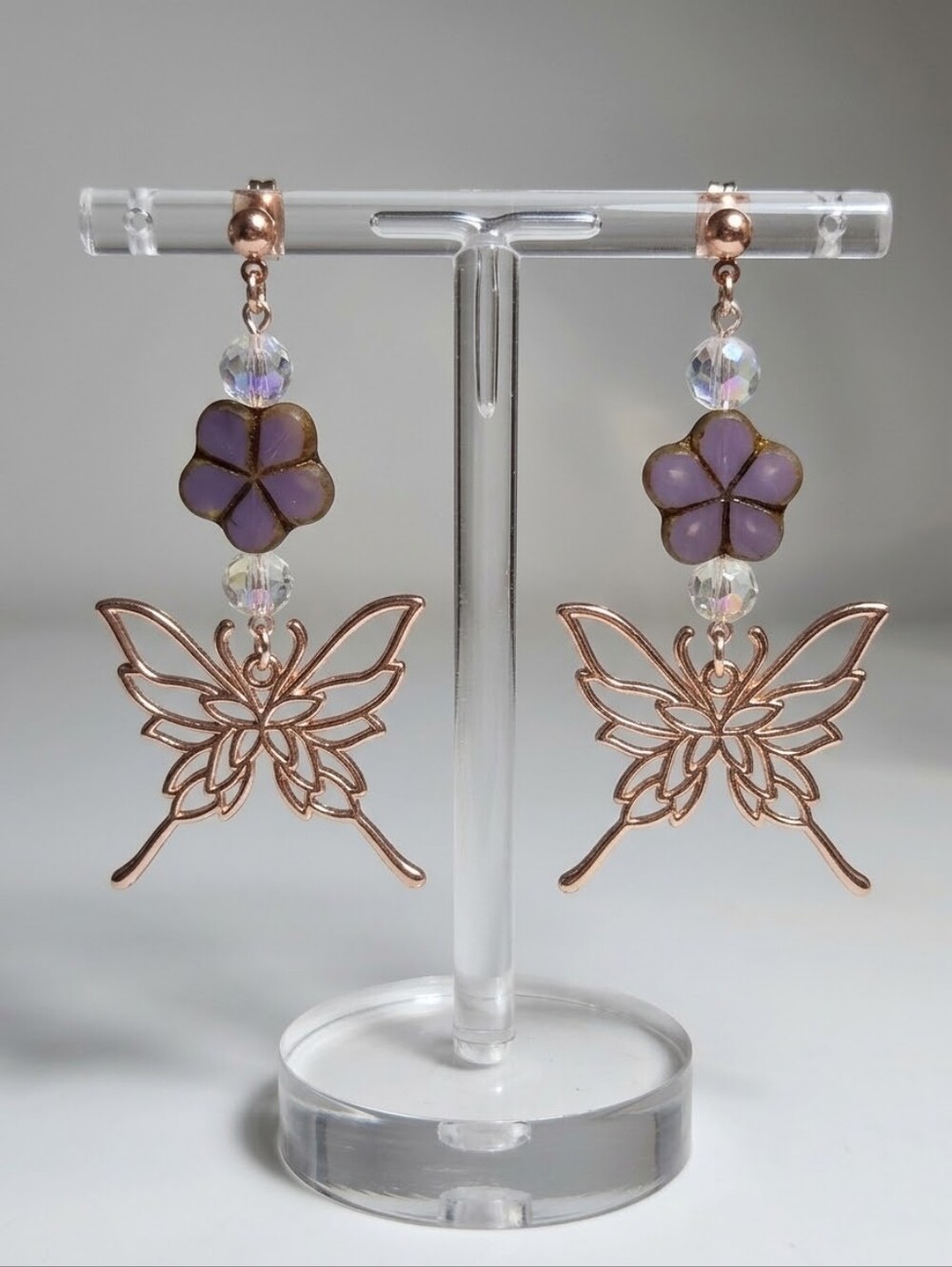 Rose Gold Butterfly & Purple Flower Drop Earrings - Hypoallergenic Posts